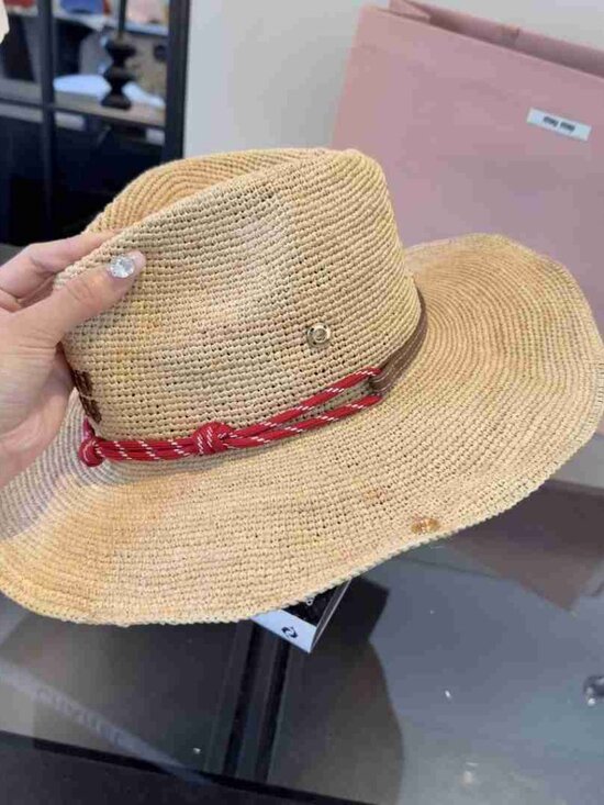 Miu Miu Wide Brim Western Sun Hat Woven Raffia Red Knot Band Resort Hat main image 6